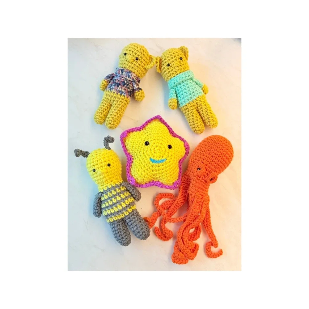 Handmade Crochet Amigurumi Plush Set Octopus Bee Bears Star Stuffed Toys 5pc